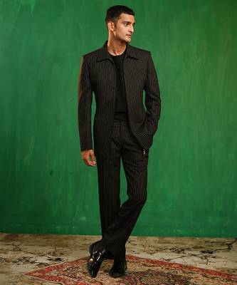 Black woven cotton linen jacket set 2