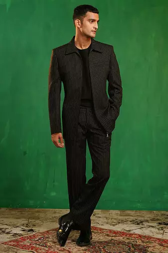 Black woven cotton linen jacket set