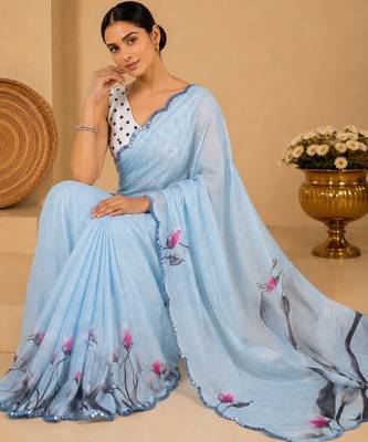 printed chinon silk blend mirror lace saree 4