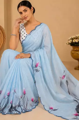 sky blue printed silk blend mirror lace saree