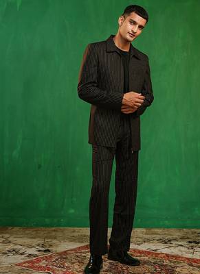 Black woven cotton linen jacket set 3