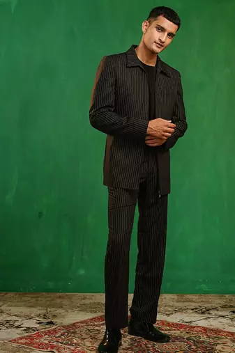 Black woven cotton linen jacket set
