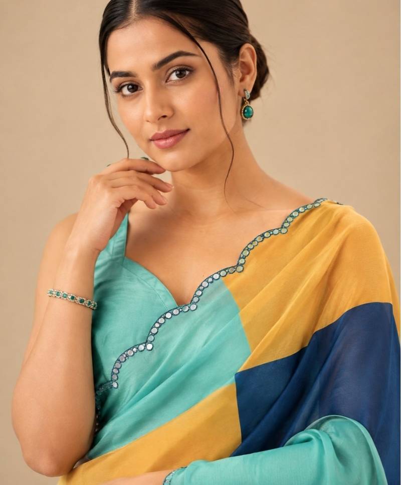 premium heavy chinon silk blend mirror work saree