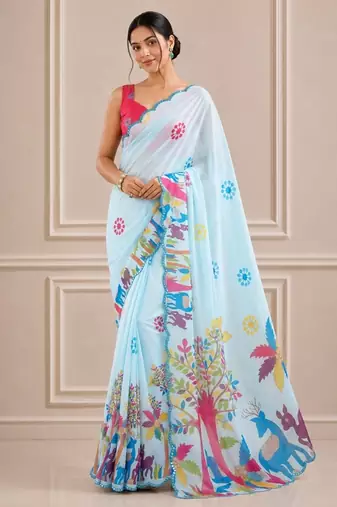 premium heavy chinon silk blend mirror work saree