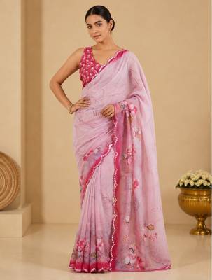 printed chinon silk blend mirror lace saree 1