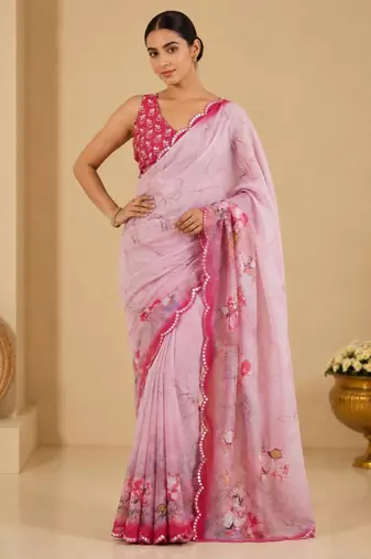 pink printed silk blend mirror lace saree