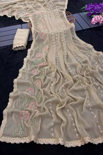 Heavy star georgette beads & lace work saree
