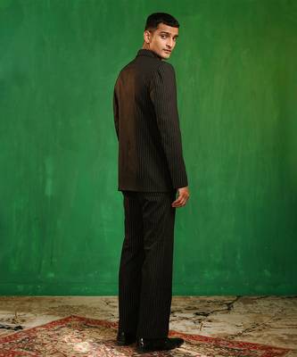 Black woven cotton linen jacket set 4
