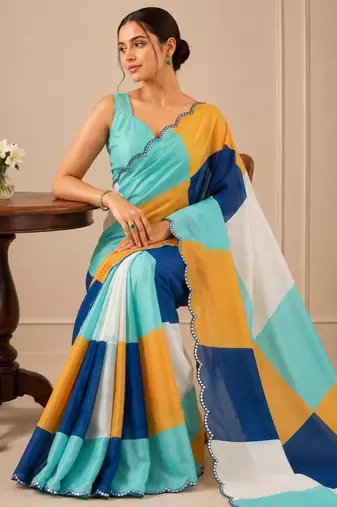 premium heavy chinon silk blend mirror work saree