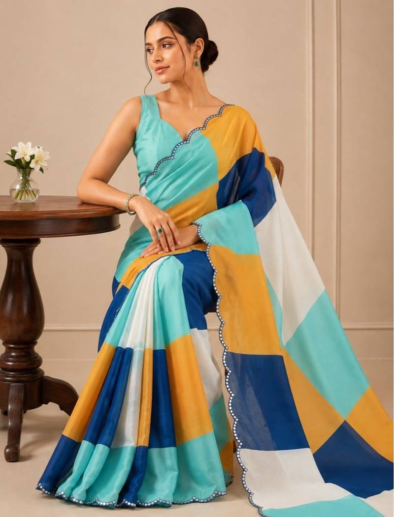 premium heavy chinon silk blend mirror work saree