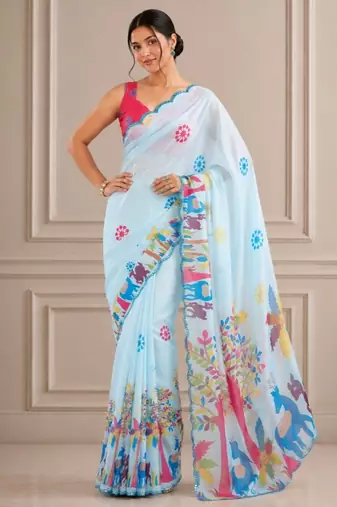 premium heavy chinon silk blend mirror work saree