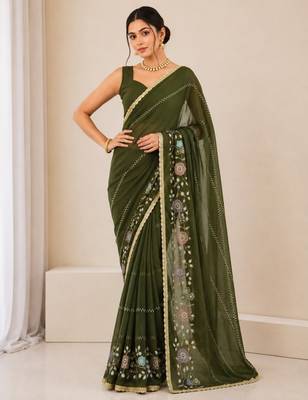 Heavy star georgette beads & lace work saree 1