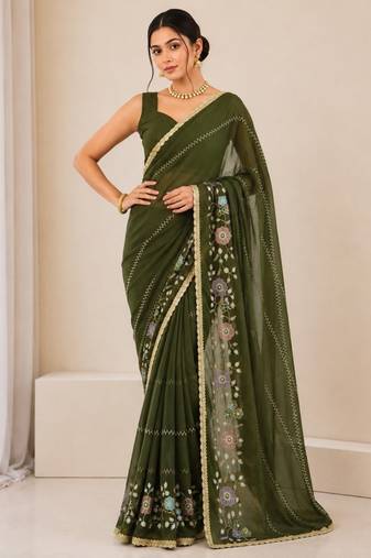 Heavy star georgette beads & lace work saree
