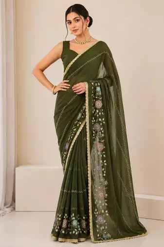 Heavy star georgette beads & lace work saree