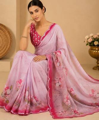 printed chinon silk blend mirror lace saree 2