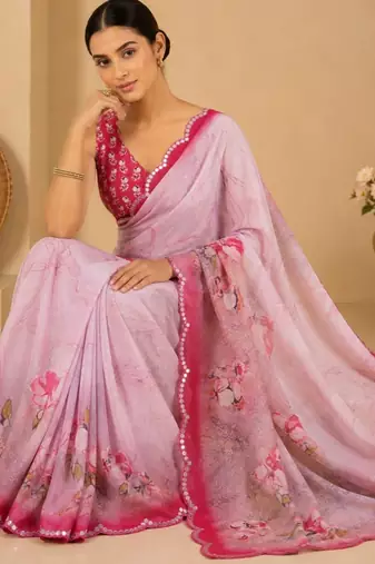 pink printed silk blend mirror lace saree