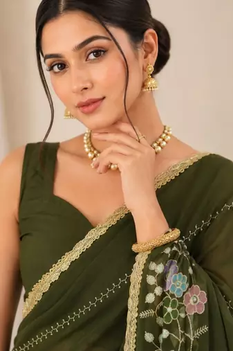 Heavy star georgette beads & lace work saree