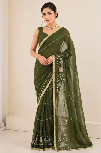 Heavy star georgette beads & lace work saree