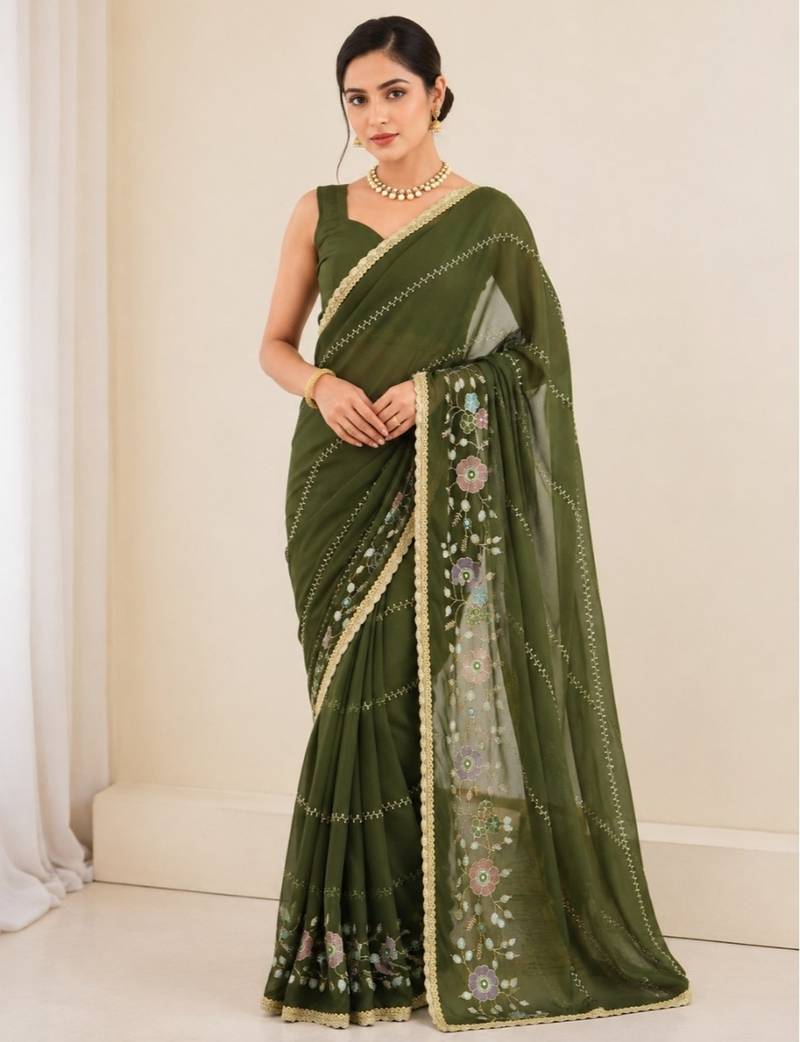 Heavy star georgette beads & lace work saree