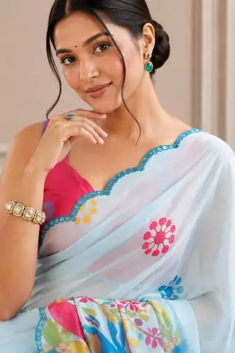 premium heavy chinon silk blend mirror work saree