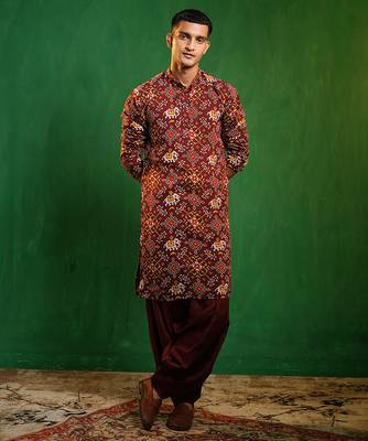 Deep maroon printed georgette slub silk dhoti kurta set 1