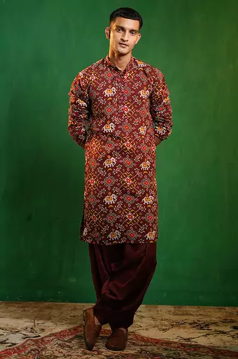 Deep maroon printed georgette slub silk dhoti kurta set