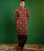 Deep maroon printed georgette slub silk dhoti kurta set