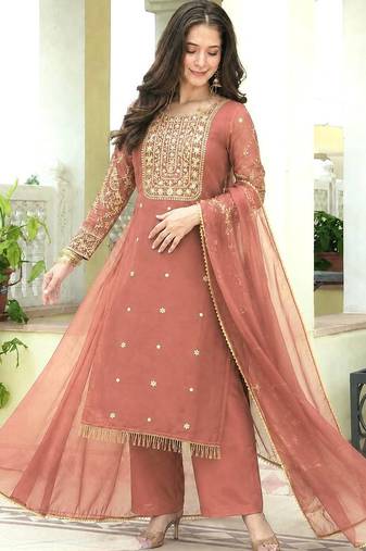peach color fancy beads and embroidery and sequence work and ready maid lace border silk blend kurti set