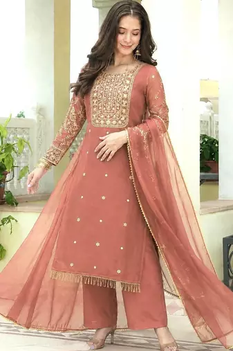 peach color fancy beads and embroidery and sequence work and ready maid lace border silk blend kurti set
