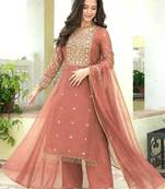 peach color fancy beads and embroidery and sequence work and ready maid lace border silk blend kurti set