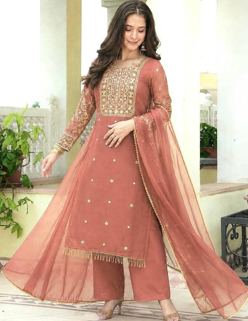 peach color fancy beads and embroidery and sequence work and ready maid lace border silk blend kurti set