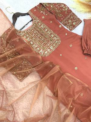 peach color fancy beads and embroidery and sequence work and ready maid lace border silk blend kurti set 2