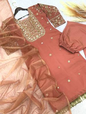 peach color fancy beads and embroidery and sequence work and ready maid lace border silk blend kurti set 3