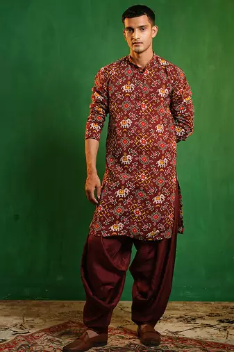 Deep maroon printed georgette slub silk dhoti kurta set