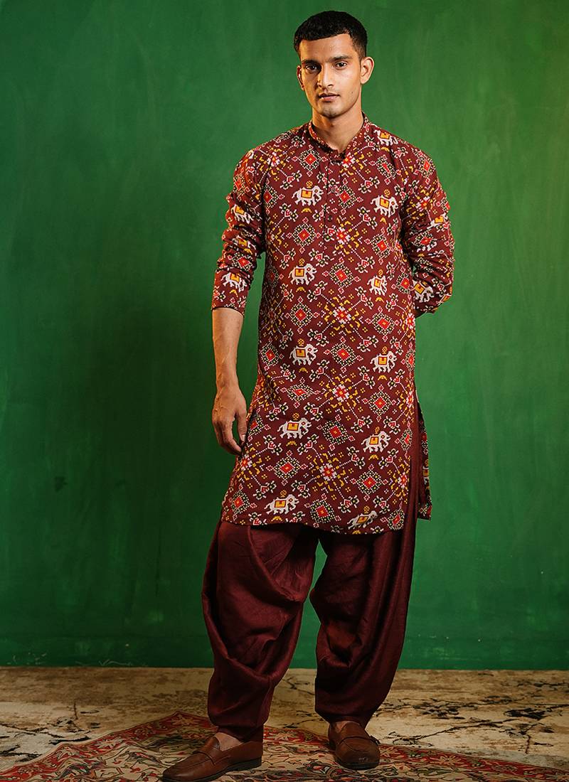 Deep maroon printed georgette slub silk dhoti kurta set