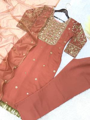 peach color fancy beads and embroidery and sequence work and ready maid lace border silk blend kurti set 4