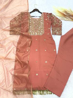 peach color fancy beads and embroidery and sequence work and ready maid lace border silk blend kurti set 5