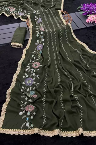 Heavy star georgette beads & lace work saree