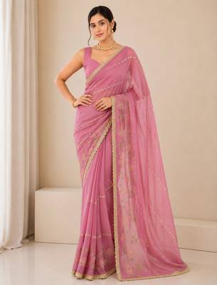 Heavy star georgette beads & lace work saree 1