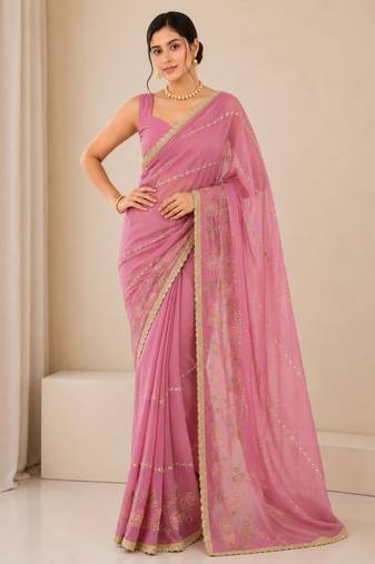 pink heavy star georgette beads & lace work saree