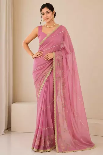 Heavy star georgette beads & lace work saree