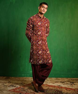 Deep maroon printed georgette slub silk dhoti kurta set 3