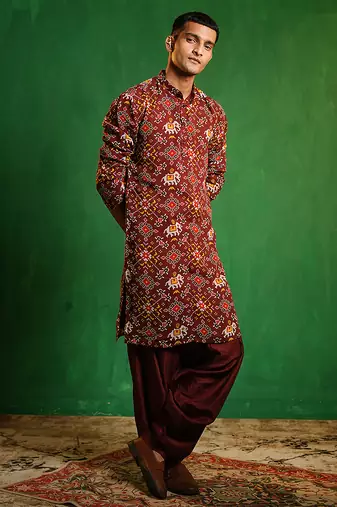 Deep maroon printed georgette slub silk dhoti kurta set