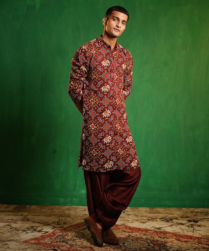 Deep maroon printed georgette slub silk dhoti kurta set