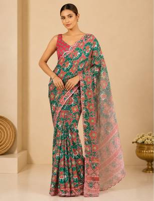 printed chinon silk blend mirror lace saree 1