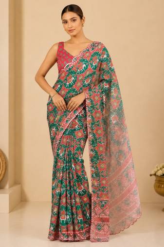 printed chinon silk blend mirror lace saree