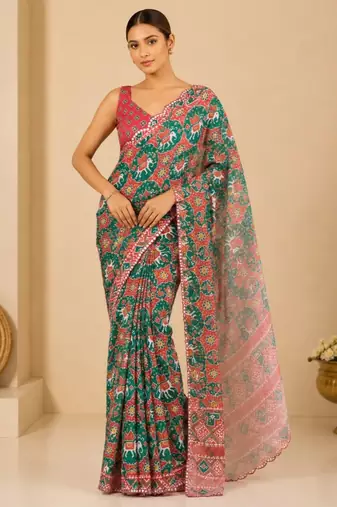 green printed silk blend mirror lace saree