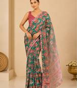 printed chinon silk blend mirror lace saree