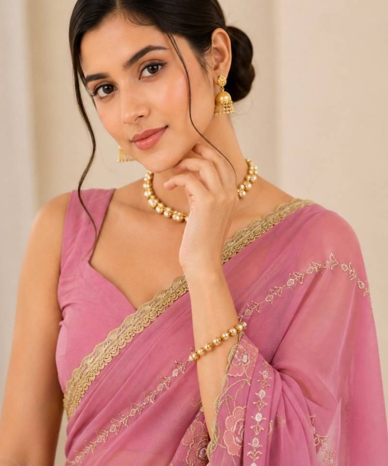 Heavy star georgette beads & lace work saree