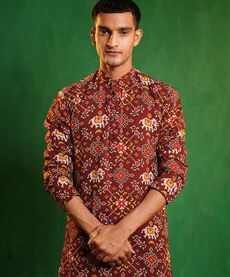 Deep maroon printed georgette slub silk dhoti kurta set 4